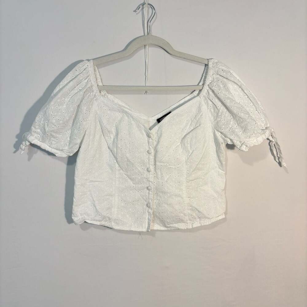 Express White Eyelet Puff Sleeve Crop Top Size L Milkmaid Cottagecore Praire